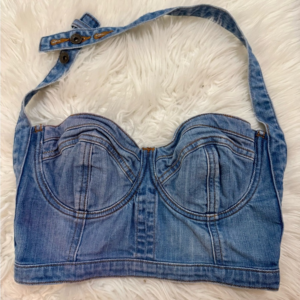 Guess Denim Halter Bustier Top Blue Cropped Adjustable Strap Zip Side Small